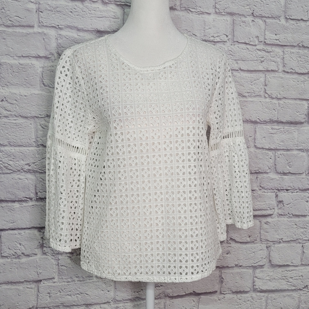Joe's Collection White Eyelets Blouse 3/4 Bell Sleeve Top Medium